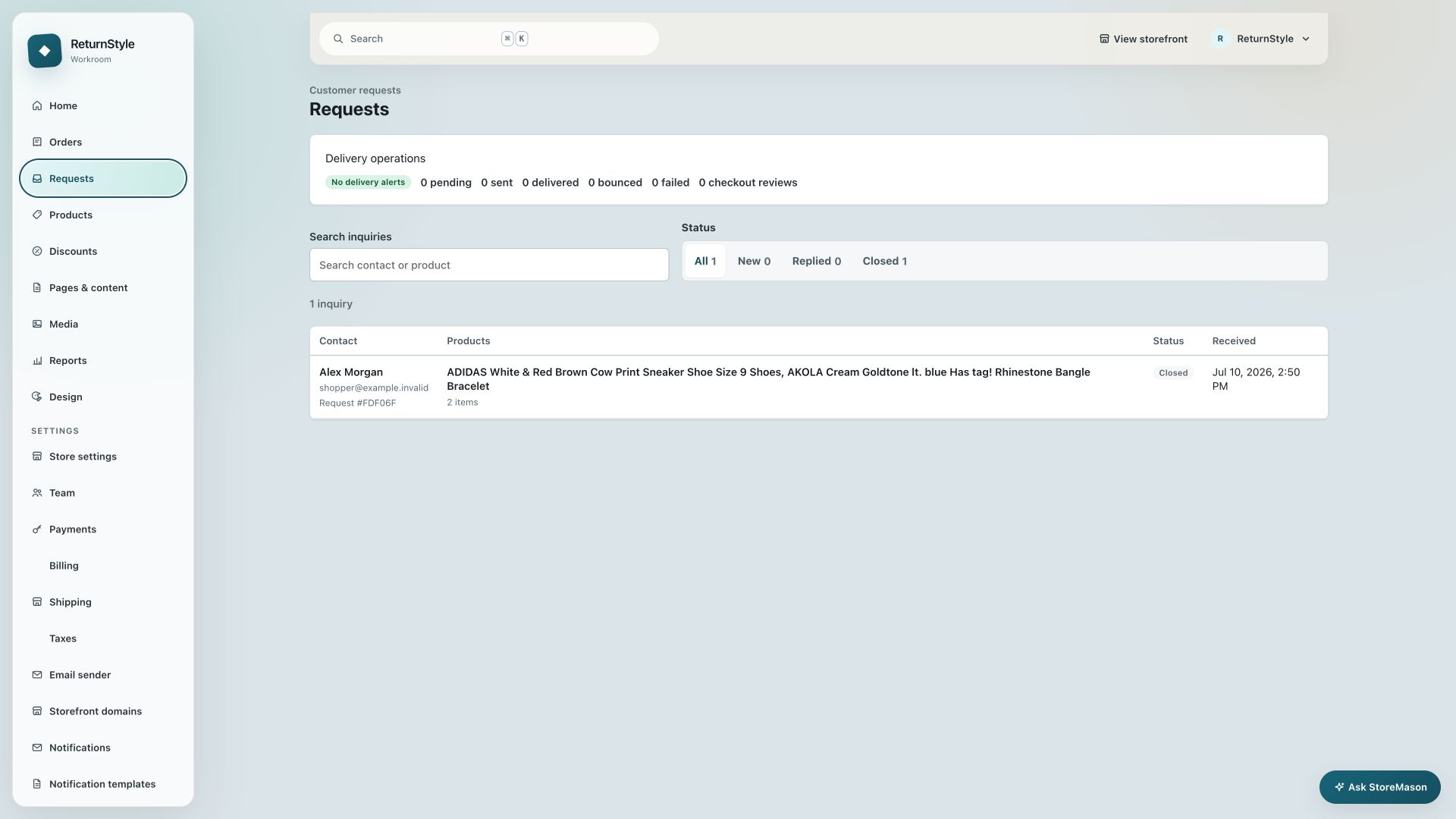 StoreMason Workroom requests view showing questions and staff follow-up state.