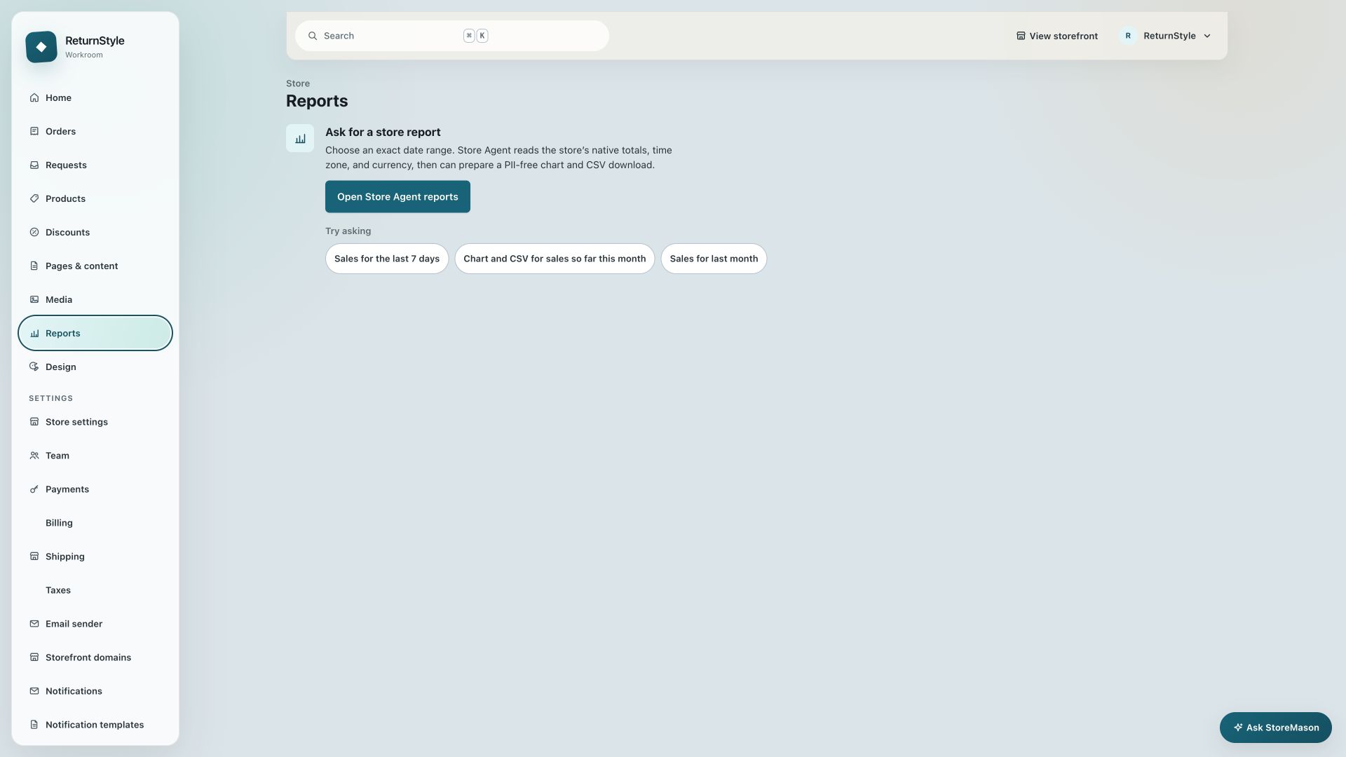 StoreMason Workroom reports view showing current business metrics and reporting controls.