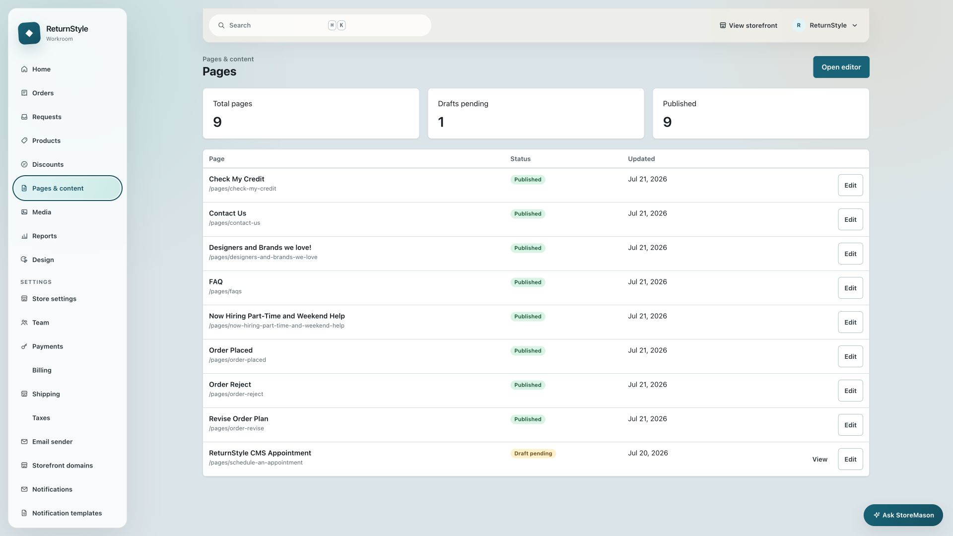 StoreMason Workroom content view showing merchant-managed pages and publishing controls.